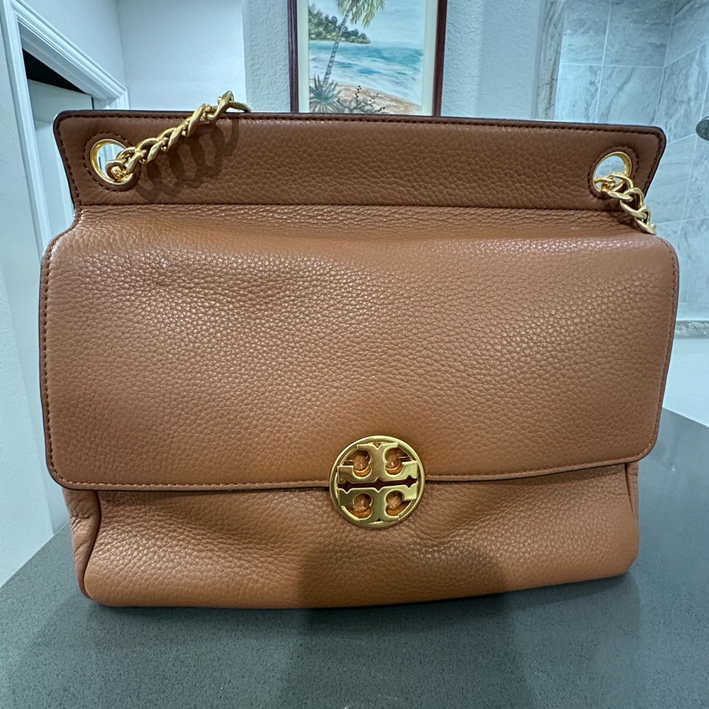 Tory Burch Tan Leather Shoulder Bag with Gold Accents